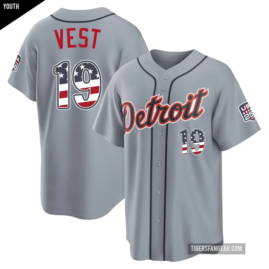 Youth Detroit Tigers ＃19 Will Vest Limited Gray USA 250 Fourth Of July Road Stadium Jersey